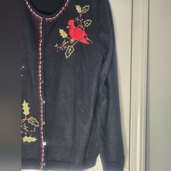 Vtg Alfred Dunner L Black WOOL Blend Embroidered Birds Buttons Up Women Cardigan - Picture 3 of 7